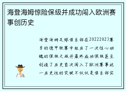 海登海姆惊险保级并成功闯入欧洲赛事创历史